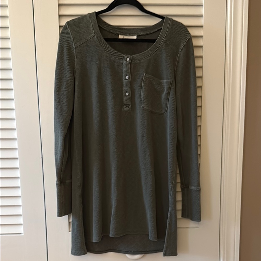 Anthropologie Olive Green Waffle Knit Henley Tunic Top Lounge Dress Size S